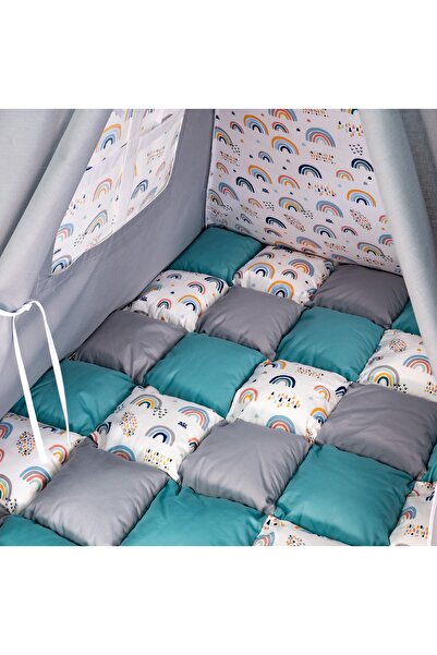 Pernador Cortulet de joaca Teepee 120 x 120cm cu salteluta, gri cu turcoaz si curcubeu