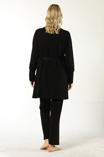 Miss Dünya Lissa Black Lace Detailed Long Sleeve Maternity and Postpartum Pajama Set Suitable for Breastfeeding