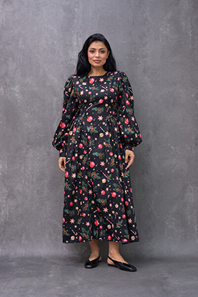 KÜÇÜĞÜM BUTİK Kış Rüyası Pileli Siyah Figürlü Saten Anne-Kız Kombini (TEKLİ SATILMAKTADIR)