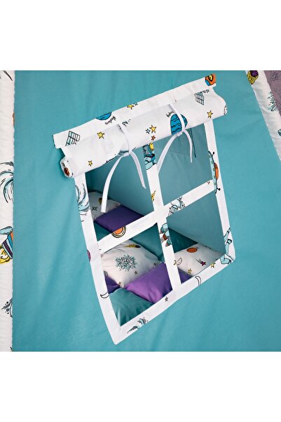 Pernador Cortulet de joaca Teepee 105 x 105cm fara salteluta, turcoaz cu mov si planete