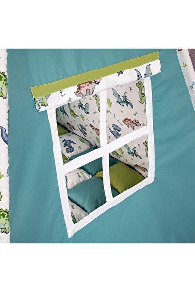 Pernador Teepee playpen 105 x 105cm with mattress, green with turquoise and dinosaurs