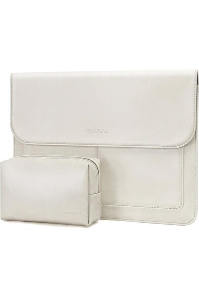 Mosiso Laptop Case 13 inch PU Leather Flap Carrying Case with Stand & Small Pouch, Beige