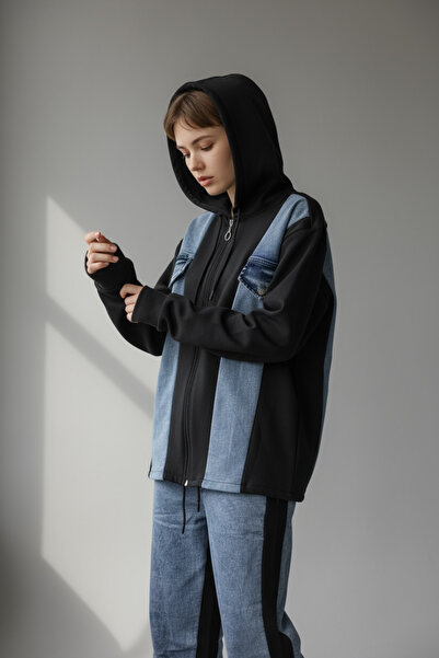 NEWCO Γυναικείο Σετ Φούτερ με φερμουάρ με κουκούλα και πλαϊνές ρίγες από τζιν...