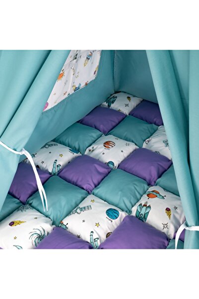 Pernador Cortulet de joaca Teepee 105 x 105cm fara salteluta, turcoaz cu mov si planete
