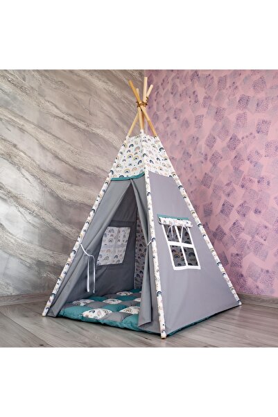 Pernador Teepee playpen 105 x 105cm with mattress, grey with turquoise and rainbow