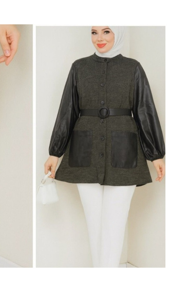 Hugglii Knitwear Leather Sleeve Detailed Short Tunic