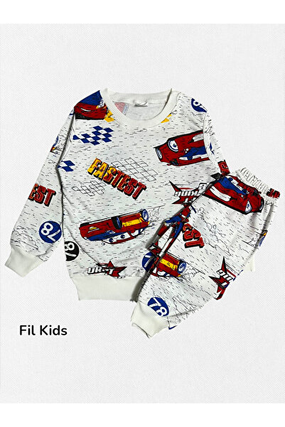 Fil Kids Set de pijamale de iarnă cu mâneci lungi, din bumbac, culoare albă, cu căptușeală din fleece model de mașină de curse