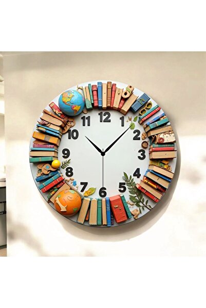 AA Shop Kitap Öğretmen Renkli Baskı Desenli Sayılı Yılbaşı Hediyelik Ahşap Sessiz Tablo Duvar Saati