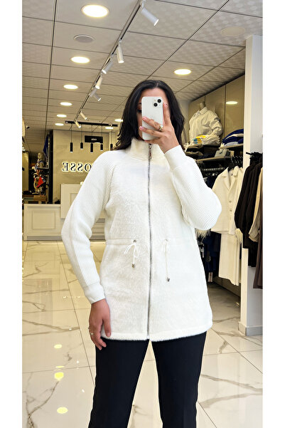 Vosse Tığ Triko Ekru Beli Büzgülü Reglan Kol Triko Hırka