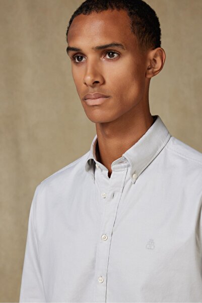 Abbate Luca Oxford Stretch Cotton Blend Comfort Fit Grey Button down Collar Men's Plain Shirt