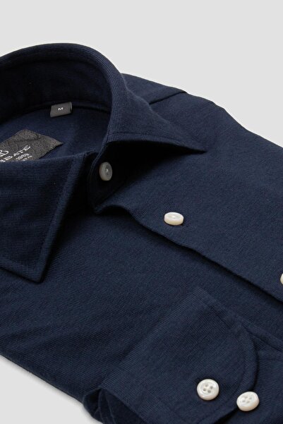 Abbate Lorenzo Jersey Viscose Blended Comfort Fit Navy Blue Classic Collar Men's Plain Shirt