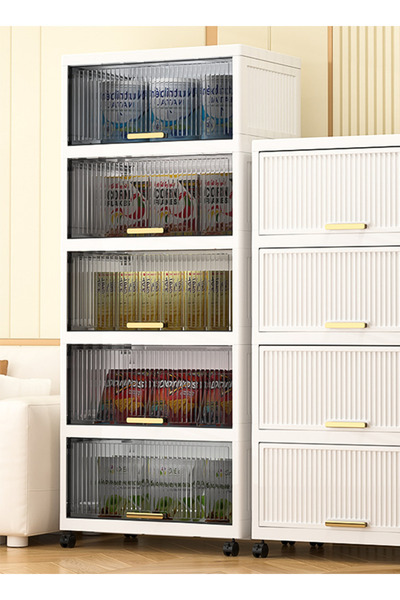 Generic 5-Tier Plastic Storage Cabinet with Magnetic Flip Doors, Clear Window & Wheels, 52cm Wide