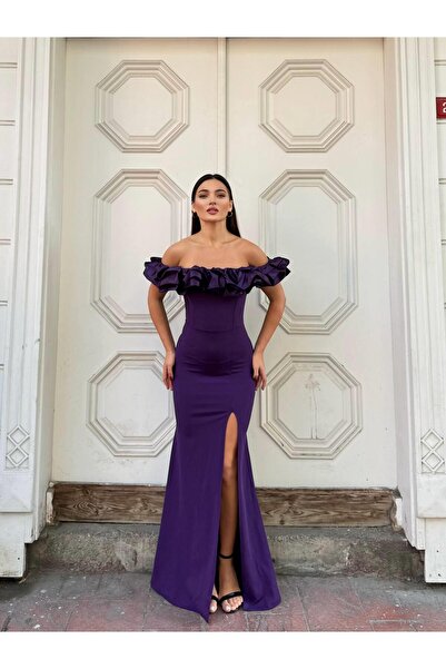 Modafeminen Flexible Shiny Satin Collar Pleat Detail Slit Evening Dress 583362 Purple