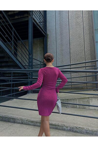 Modafeminen V-Neck Draped Mini Flowers Fabric Dress Long Sleeve 583063 Fuchsia