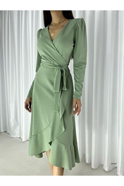 Modafeminen Double-Breasted Collar Long Sleeve Flawed Dress with Belt Midi Length Dress Mint 581838