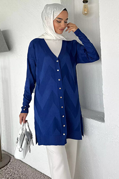 Zehra Gül Saksmavisi Ön Düğmeli Desenli Tesettür Triko Hırka (m-l-xl Uyumludur)