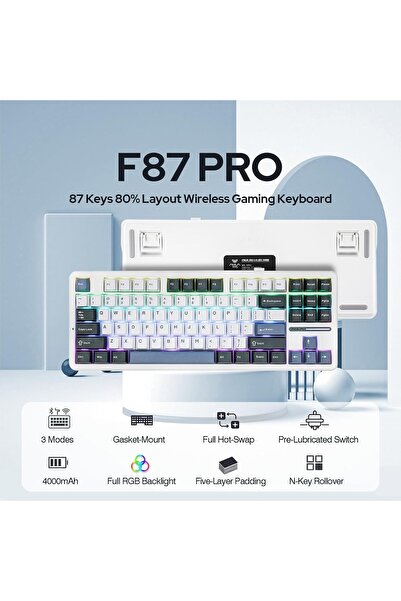 Epomaker x Aula F87 Pro Gasket Wireless Mechanical Keyboard (White Blue Grey, Graywood V3 Switch)