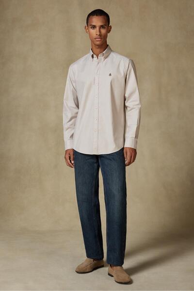 Abbate Luca Oxford Stretch Cotton Blend Comfort Fit Beige Button down Collar Men's Plain Shirt