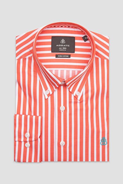 Abbate Matteo Twill Cotton Comfort Fit Salmon Button down Collar Men's Striped Shirt