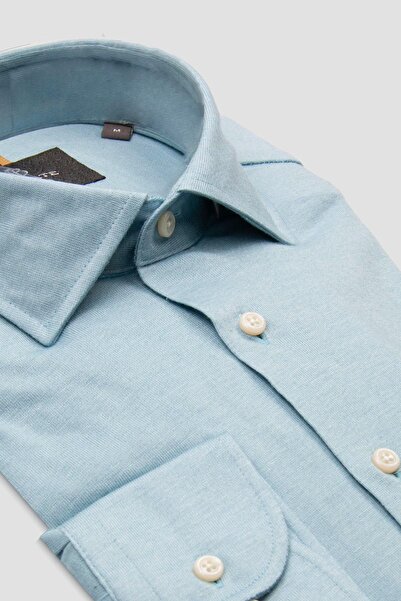 Abbate Lorenzo Jersey Viscose Blended Comfort Fit Blue Classic Collar Men's Plain Shirt