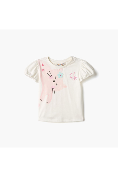 Juniors Cat Print T-shirt with Balloon Sleeves