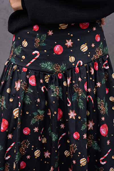 KÜÇÜĞÜM BUTİK Winter Dream Pleated Black Figured Satin Ruffled Skirt