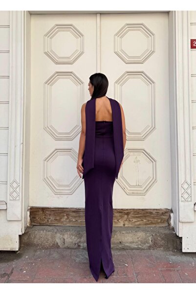 Modafeminen Rochie de seară Scuba din țesătură elastică cu broderie de piatră, detaliu eșarfă Fish K croială 583340 PURPLE