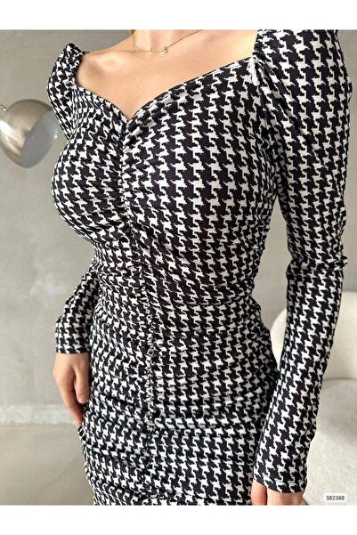 Modafeminen Black and White Checkered Patterned Short, Tight Dress 582388 Black