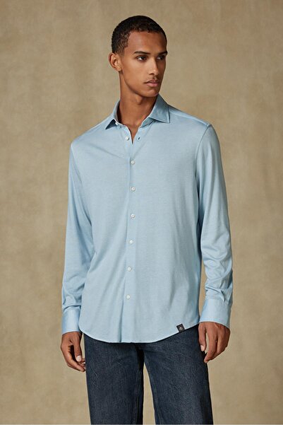 Abbate Lorenzo Jersey Viscose Blended Comfort Fit Blue Classic Collar Men's Plain Shirt