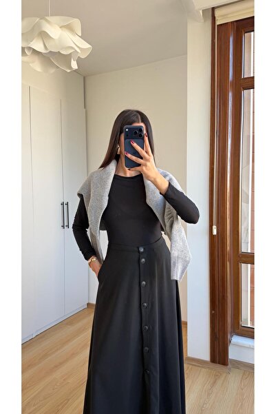 Gaus Siyah Düğmeli Kumaş Etek GAUS-00616