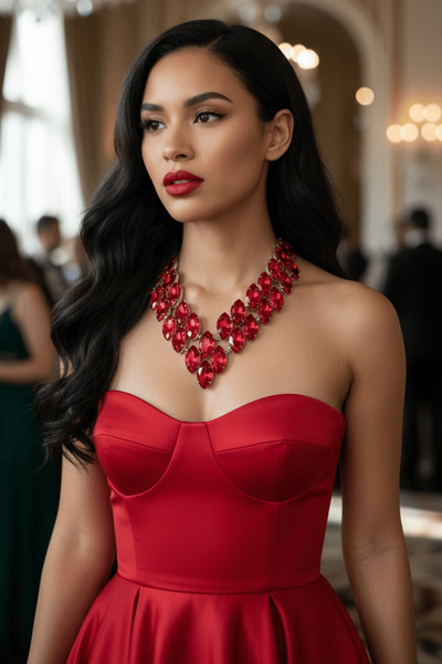 TAKIŞTIR قلادة فستان سهرة بتصميم مفصل باللون الأحمر مع تفاصيل حجرية