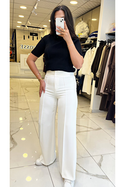 Vosse Yusuf Özdemir Beyaz Beli Lastikli Palazo Pantolon