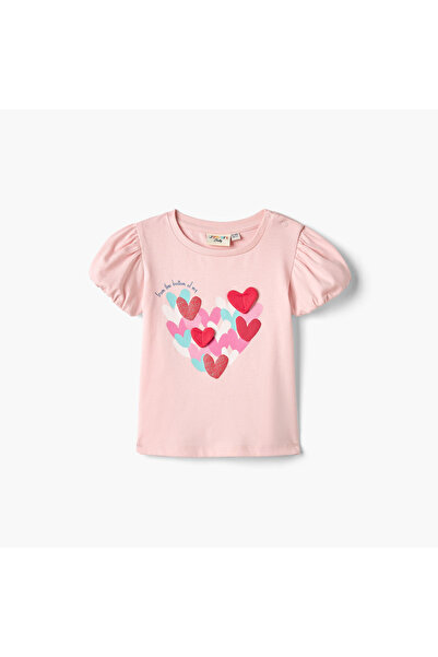 Juniors Heart Print T-shirt with Balloon Sleeves