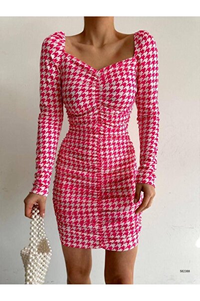 Modafeminen Fuchia and White Checkered Patterned Short, Tight Dress 582388 582388 Fuchia