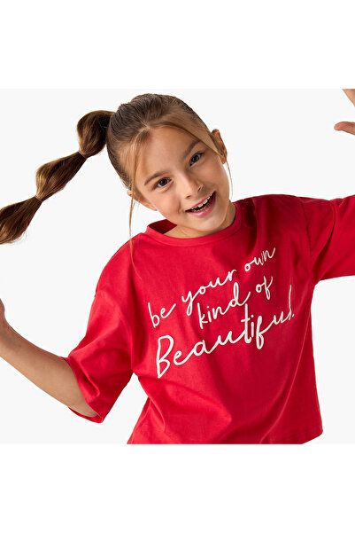 Juniors Slogan Print T-shirt with Short Sleeves and Round Neck