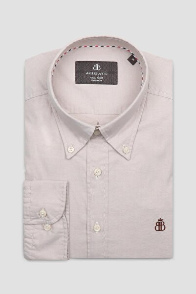 Abbate Luca Oxford Stretch Cotton Blend Comfort Fit Beige Button down Collar Men's Plain Shirt