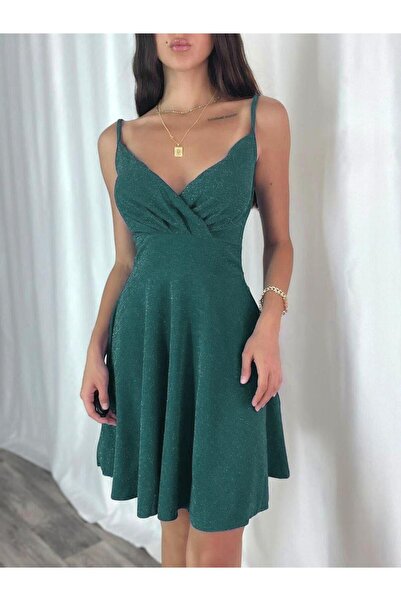 Modafeminen Shiny Stretchy Crepe Fabric Double-Breasted Flared Skirt with Neck Strap Mini Dress Evening Dress 582526 Emerald
