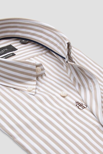 Abbate Carlo Twill Cotton Slim Fit Cream Buttoned Collar Men's Striped Shirt