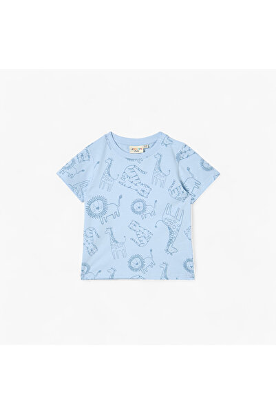 Juniors تي شيرت بطبعة حيوانات برية كاملة وأكمام قصيرة