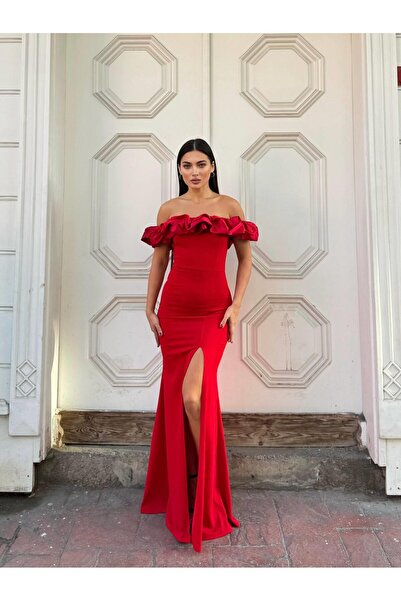 Modafeminen Flexible Shiny Satin Collar Pleat Detail Slit Evening Dress 583362 Red