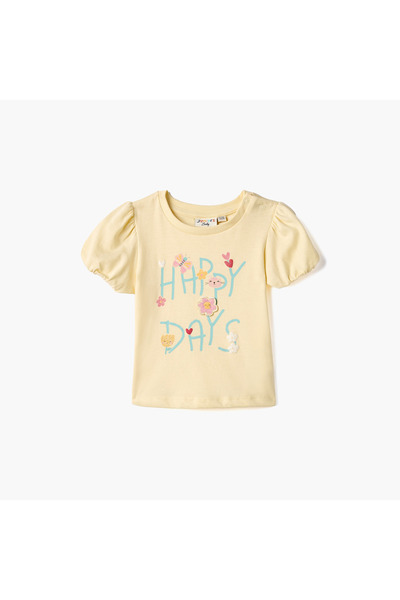 Juniors Graphic Print T-shirt with Puff Sleeves