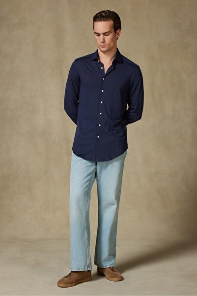 Abbate Lorenzo Jersey Viscose Blended Comfort Fit Navy Blue Classic Collar Men's Plain Shirt