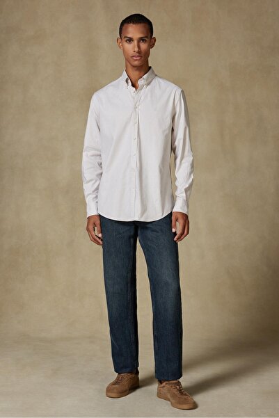 Abbate Luca Oxford Stretch Cotton Blend Comfort Fit Beige Button down Collar Men's Striped Shirt