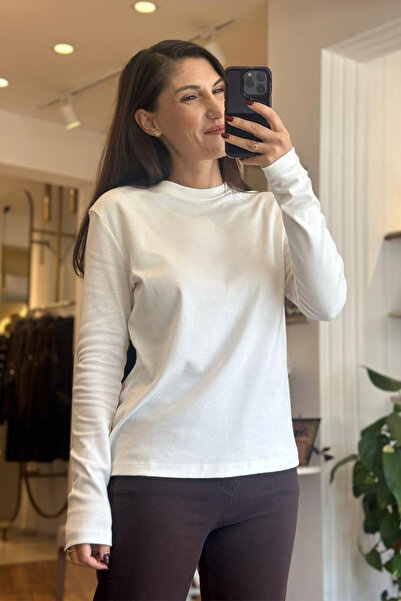 Unique Boutique Ekru Bisiklet Yaka Uzun Kollu Pamuklu Basic T-shirt