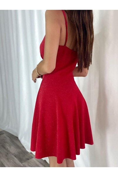 Modafeminen Shiny Stretchy Crepe Fabric Double-Breasted Collar Strap Flared Skirt Mini Dress Evening Dress 582526 Red