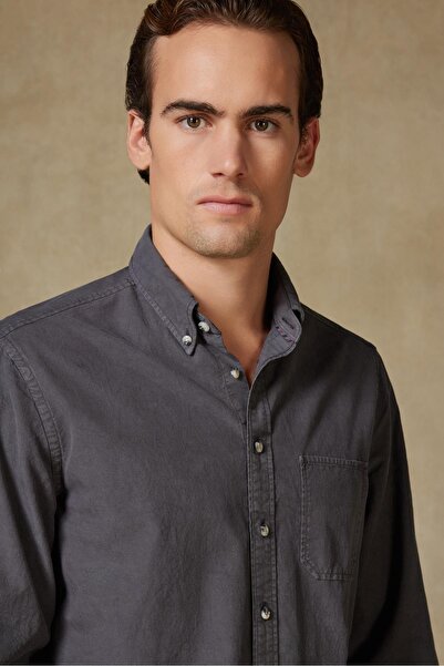 Abbate Federico Woven Lyocell Comfort Fit Dark Gray Button down Collar Men's Plain Shirt