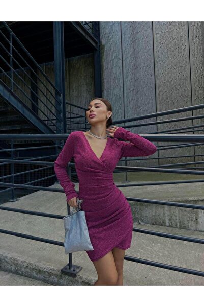 Modafeminen V-Neck Draped Mini Flowers Fabric Dress Long Sleeve 583063 Fuchsia