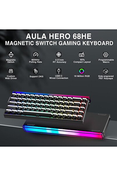 Aula HERO 68 Gaming Keyboard - Hall Effect Magnetic Switches, 0.01mm Adjustable, RGB, 60% (Black)