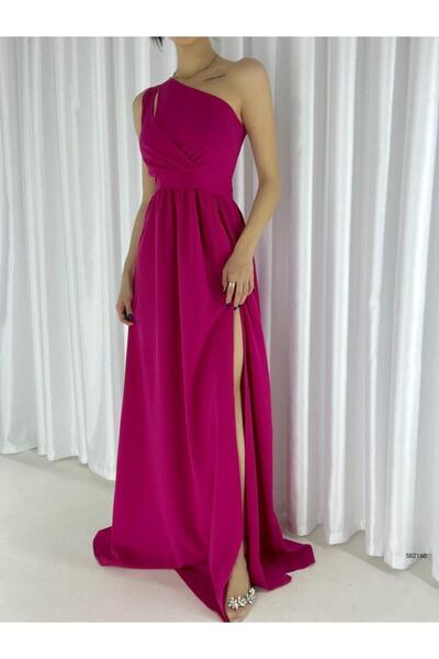 Modafeminen Rochie lungă cu un singur umăr din țesătură creponată importată 582160 FUCHIA
