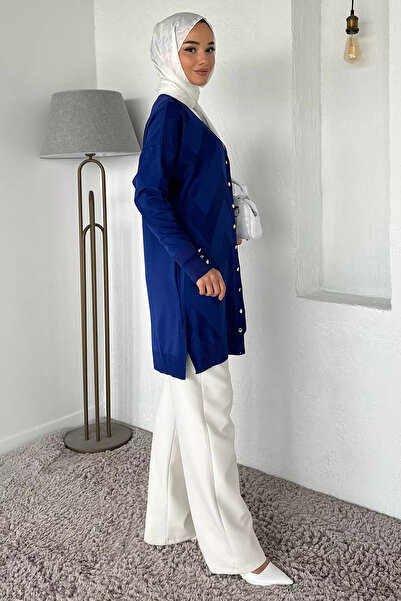 Zehra Gül Saksmavisi Ön Düğmeli Desenli Tesettür Triko Hırka (m-l-xl Uyumludur)